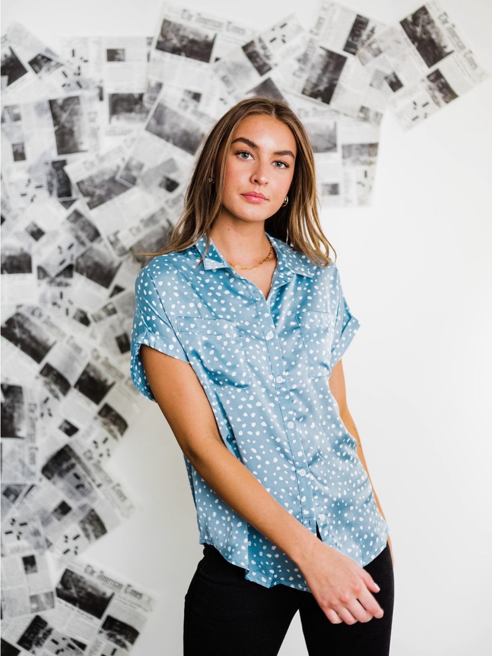Fate Blue Polka Dot Button-Up Blouse